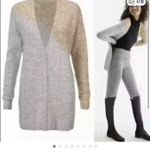 CAbi Tilt Knit V-Neck Sweater Cardigan 3886 in Tan and Gray